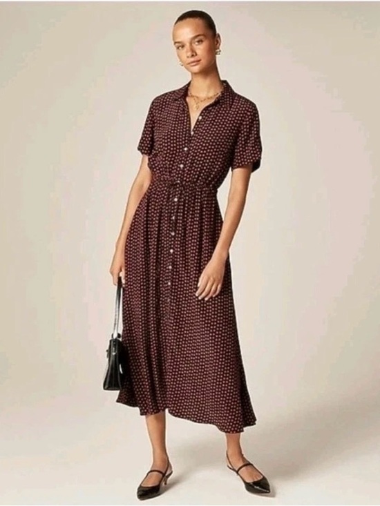 J. Crew Dresses & Skirts - J.Crew Cerise Floral Crepe Chine Button-Front Burgundy Polka Dot Shirt Dress
